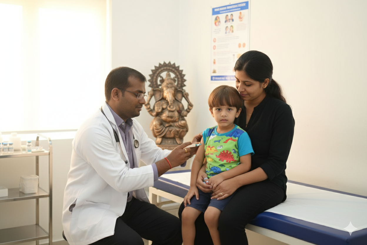 Doctor providing pediatric care and vaccination at Dr. Charan Child Clinic
