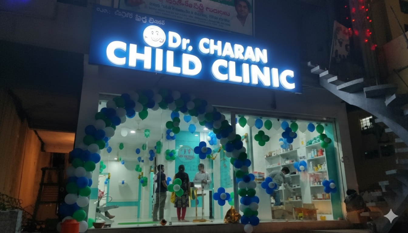 Child-friendly waiting area at pediatric clinic in Warangal